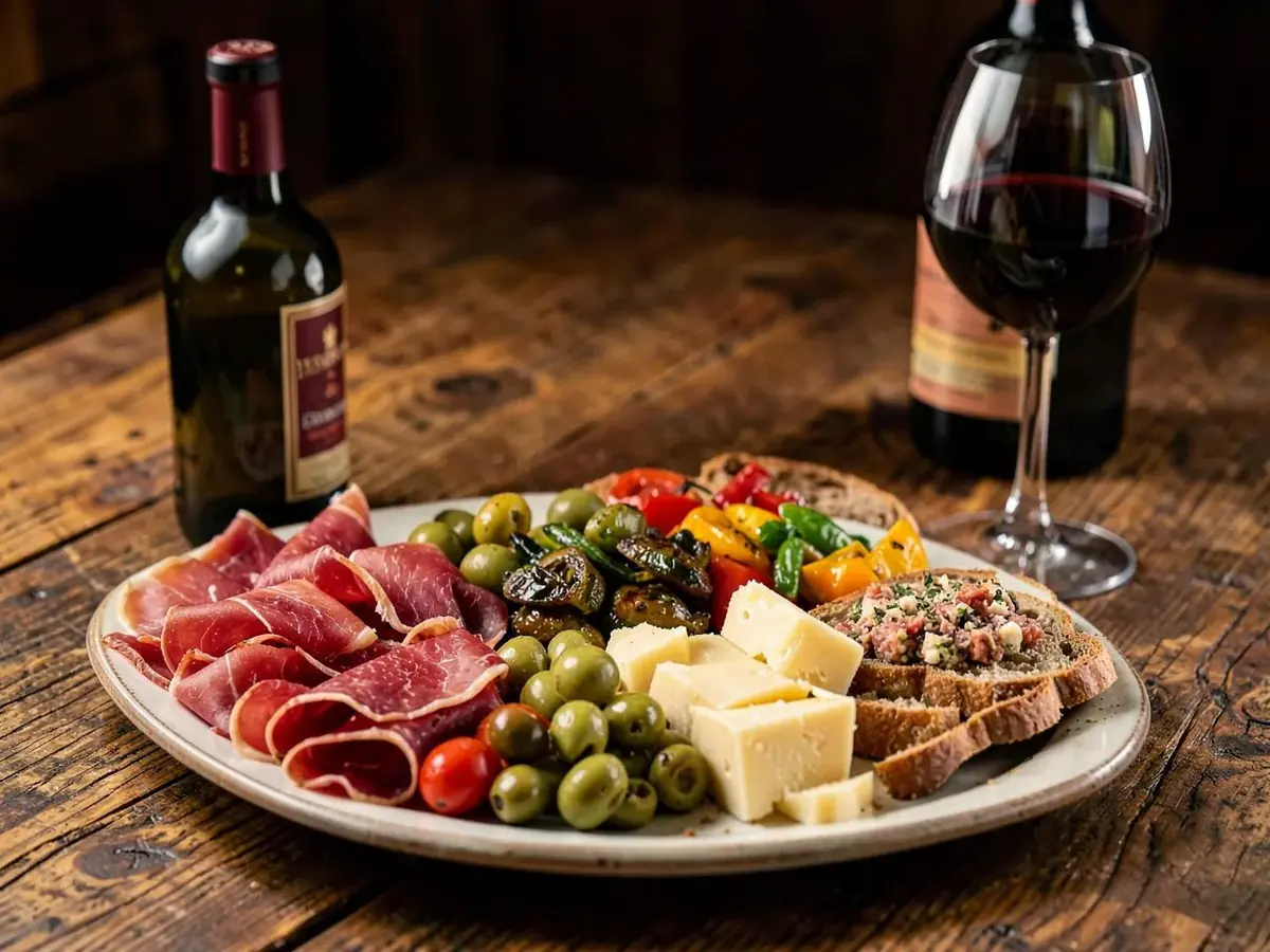 Antipasti-Platte mit italienischem Rotwein im Ristorante Alsterschleuse