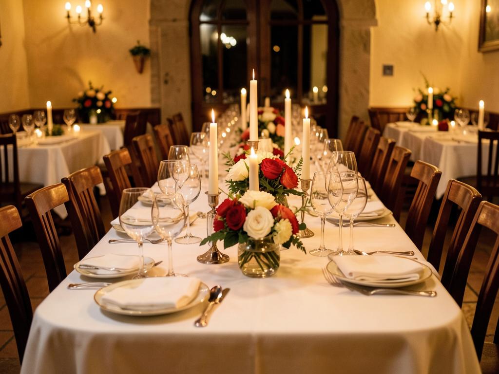 Festlich gedeckte Tafel mit Kerzen und Blumenschmuck für Hochzeiten und Feiern bis 200 Personen