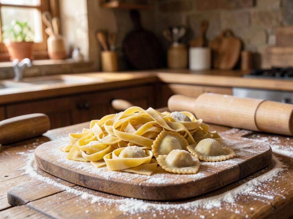 Frisch ausgerollte Tagliatelle und Ravioli auf bemehltem Holzbrett – hausgemachte Pasta in Tangstedt