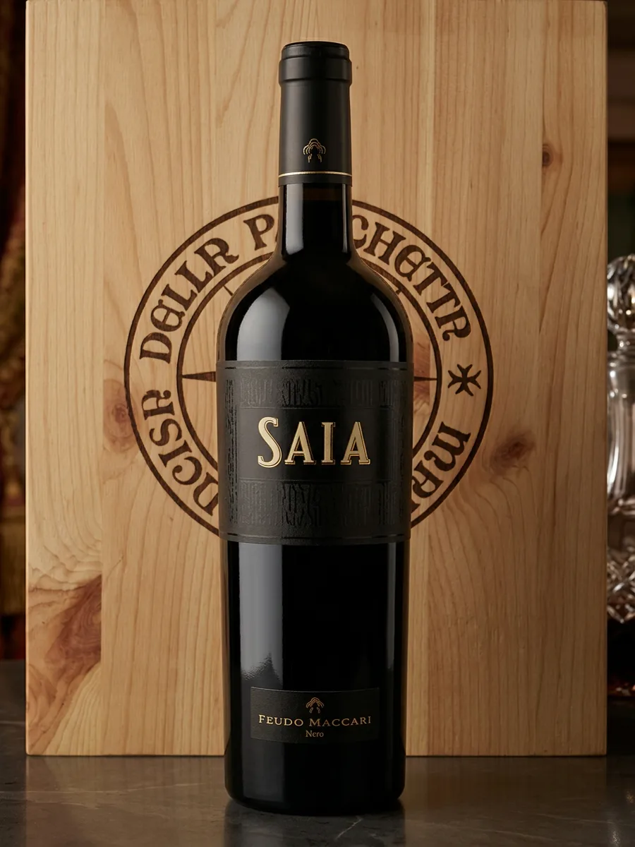 Originalfoto: Flasche SAIA Nero d'Avola von Feudo Maccari vor Holzkiste – italienischer Rotwein im Ristorante Alsterschleuse